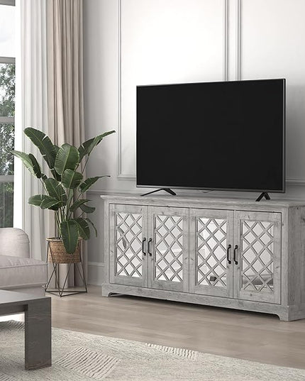 Galano Millicent TV Stand for up to 75 Inch TV, Farmhouse Entertainment Center with Mirror Doors & Storage Shelves, Rustic Media Console Cabinet for Living Room, Mexican Grey - LeafyLoom