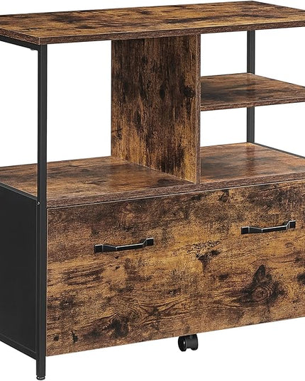 VASAGLE Lateral File Cabinet with Open Shelves and Drawer, for A4, Letter and Legal Sized Documents, Printer Stand, Rustic Brown + Black - LeafyLoom