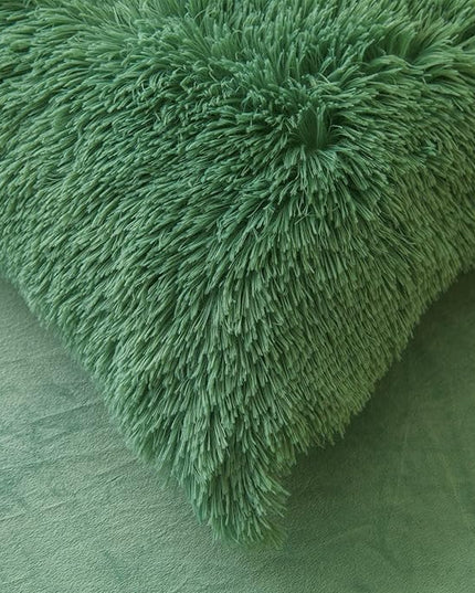 FOPPA Green Plush Comforter Cover Set Queen - Ultra Soft Faux Fur Green Bedding Sets 3 Pieces (1 Fluffy Duvet Cover + 2 Shaggy Pillow case) Fluffy Bed Set (Green, Queen) - LeafyLoom