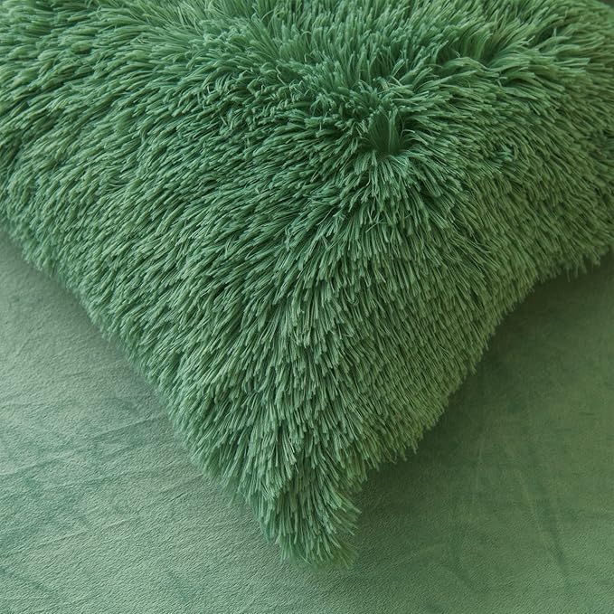FOPPA Green Plush Comforter Cover Set Queen - Ultra Soft Faux Fur Green Bedding Sets 3 Pieces (1 Fluffy Duvet Cover + 2 Shaggy Pillow case) Fluffy Bed Set (Green, Queen) - LeafyLoom