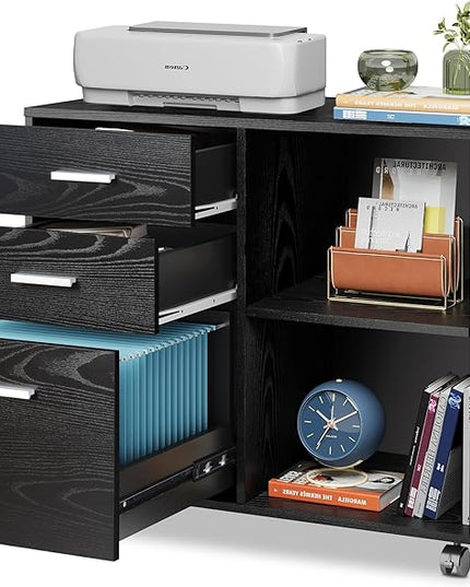 DEVAISE 3-Drawer Wood File Cabinet, Mobile Lateral Filing Cabinet, Printer Stand with Open Storage Shelves for Home Office, Black - LeafyLoom