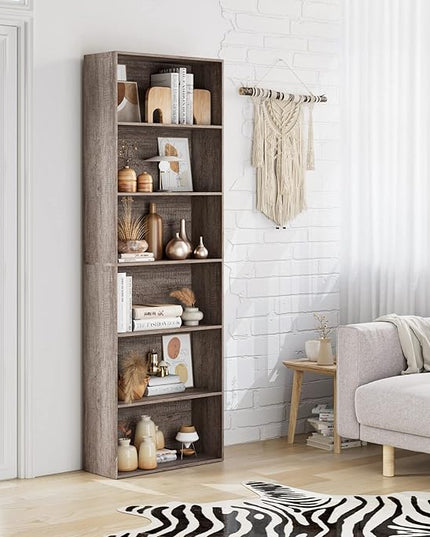 FOTOSOK 6-Tier Open Bookcase and Bookshelf, Freestanding Display Storage Shelves Tall Bookcase for Bedroom, Living Room and Office, Oak - LeafyLoom