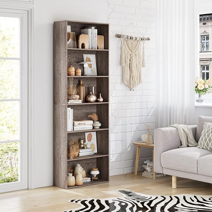 FOTOSOK 6-Tier Open Bookcase and Bookshelf, Freestanding Display Storage Shelves Tall Bookcase for Bedroom, Living Room and Office, Oak - LeafyLoom