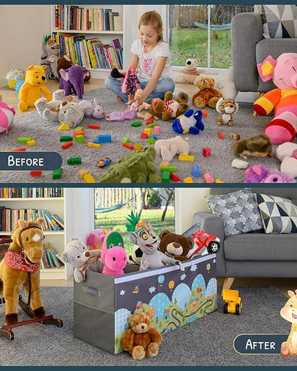 Extra Large Toy Storage Organizer with Lid - Sturdy, Collapsible Toy Chest Storage Box with Cute Design - Toys Bin with Dividers for Kids, Boys, Girls, Nursery, Bedroom, Play room 37"x16"x14" - LeafyLoom