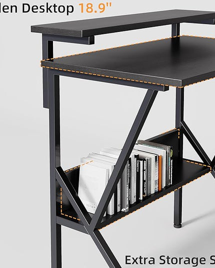 COTUBLR Small Desk, 27.5 Inch Small Computer Desk for Small Spaces, Computer Desk with Adjustable Monitor Stand, Compact Desk with Storage, Tiny Desk Study Desk for Bedroom Home Office, Black - LeafyLoom