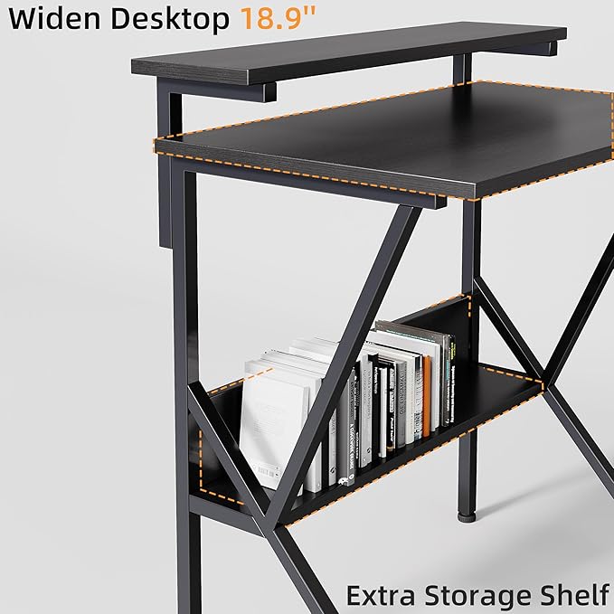 COTUBLR Small Desk, 27.5 Inch Small Computer Desk for Small Spaces, Computer Desk with Adjustable Monitor Stand, Compact Desk with Storage, Tiny Desk Study Desk for Bedroom Home Office, Black - LeafyLoom