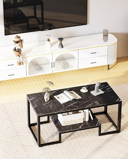 Coffee Table Black Table for Living Room,2 Tiers Rectangle Center Table with Sturdy Metal Frame,Modern Black Faux Marble Coffee Table for Bedroom Home Office - LeafyLoom