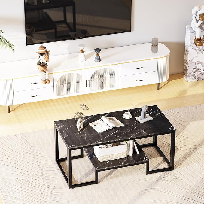 Coffee Table Black Table for Living Room,2 Tiers Rectangle Center Table with Sturdy Metal Frame,Modern Black Faux Marble Coffee Table for Bedroom Home Office - LeafyLoom