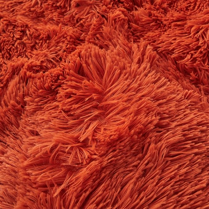 Fluffy Orange Comforter Cover Set Queen - Ultra Soft Plush Burnt Orange Bedding Sets 3 Pieces (1 Faux Fur Duvet Cover + 2 Faux Fur Pillow case) Boho Orange Queen Bed Sets (Dark Orange, Queen) - LeafyLoom