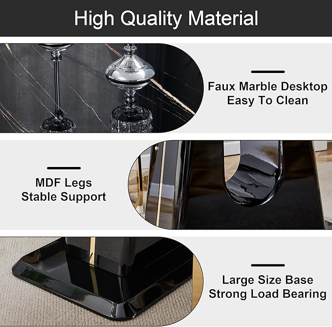 NicBex 62.99Inch Rectangular Dining Table,Modern Kitchen Table with Black Imitation Marble Tabletop and MDF U-Shaped Legs for 6 to 8,Large Dining Room Table for Kitchen,Meeting Living Room,Black - LeafyLoom