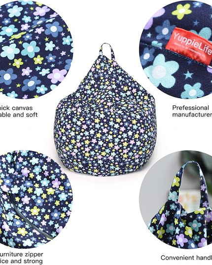 YuppieLife Kids Storage Bean Bag Cover（No Filling） Toy Organizer|Carrying Handle Sofa|Available for Kids and Teenager|Cuddle Chair|Machine Washable and Durable（38“,Blue Flowers） - LeafyLoom