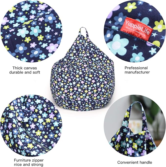 YuppieLife Kids Storage Bean Bag Cover（No Filling） Toy Organizer|Carrying Handle Sofa|Available for Kids and Teenager|Cuddle Chair|Machine Washable and Durable（38“,Blue Flowers） - LeafyLoom
