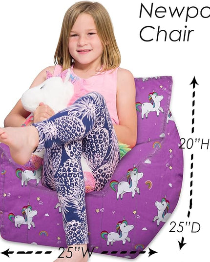 Posh Creations Structured Comfy Bean Bag Chair for Gaming, Reading, and Watching TV, Newport Chair, Canvas - Unicorn and Rainbows on Purple - LeafyLoom