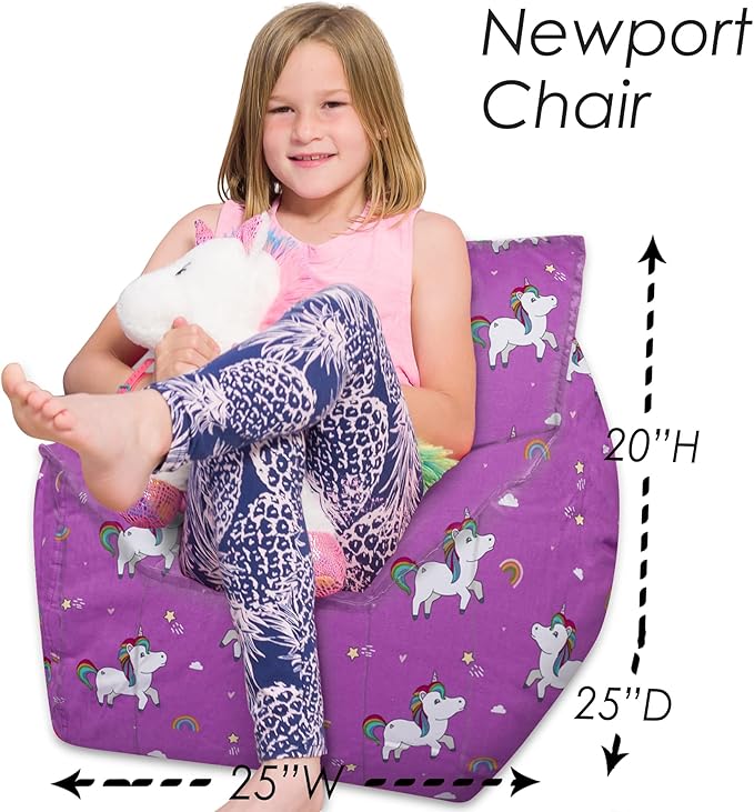 Posh Creations Structured Comfy Bean Bag Chair for Gaming, Reading, and Watching TV, Newport Chair, Canvas - Unicorn and Rainbows on Purple - LeafyLoom