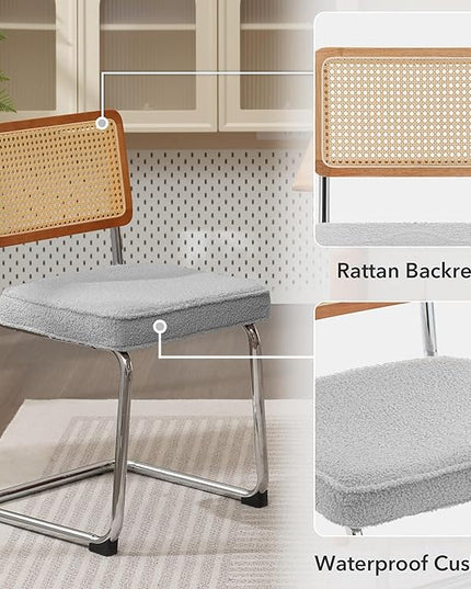 Rattan Dining Chairs Set of 2, Mid Century Modern Sherpa Dining Room Kitchen Chairs with Cane Back, Metal Chrome Legs, Upholstered Wicker Armless Accent Chairs, Grey - LeafyLoom