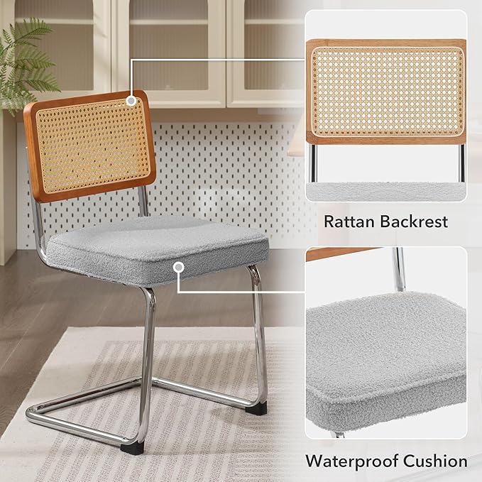 Rattan Dining Chairs Set of 2, Mid Century Modern Sherpa Dining Room Kitchen Chairs with Cane Back, Metal Chrome Legs, Upholstered Wicker Armless Accent Chairs, Grey - LeafyLoom