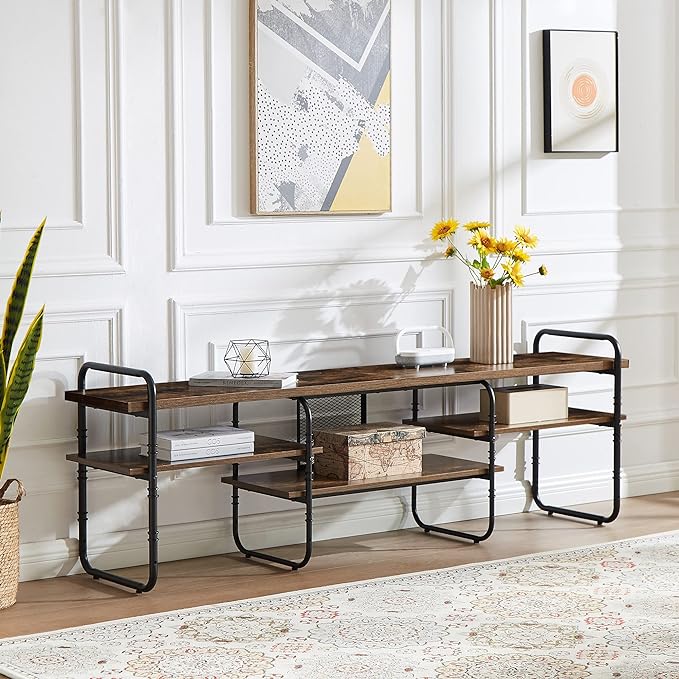 VECELO Industrial Television Stand up to 75 Inch TV Entertainment Center/Media Console Table with Open Storage Shelves for Living Room/Bedroom, Classic Brown - LeafyLoom
