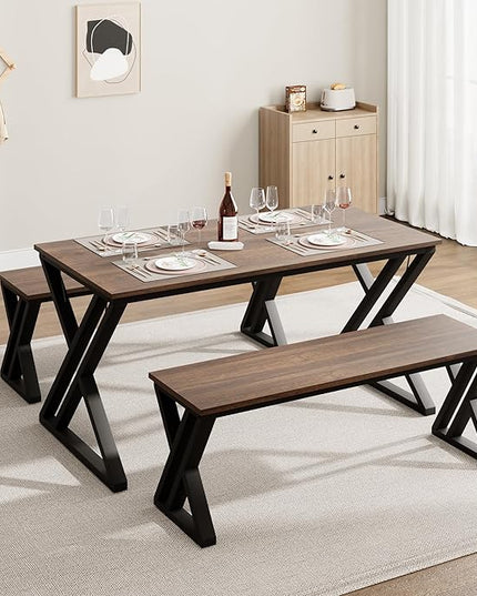 IDEALHOUSE Kitchen Table with Benches, Dining Table Benches Set for 4-6, Rectangular Kitchen Table Set with Sturdy Metal Frame, Saving Space for Kitchen, Dining Room, Apartment, 55", Retro Brown - LeafyLoom