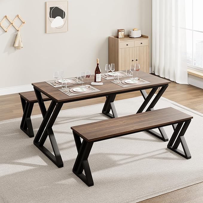 IDEALHOUSE Kitchen Table with Benches, Dining Table Benches Set for 4-6, Rectangular Kitchen Table Set with Sturdy Metal Frame, Saving Space for Kitchen, Dining Room, Apartment, 55", Retro Brown - LeafyLoom
