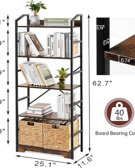 Vagusicc 4 Tier Bookshelf with 2 Storage Baskets, Tall Bookcase Shelf Storage Organizer Wood Book Shelf, Modern Shelf Rack Shelves with Steel Frame, Multipurpose Bookshelf for Bedroom Living Room - LeafyLoom