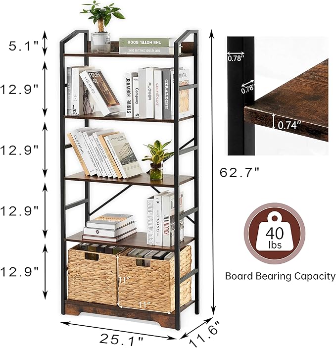 Vagusicc 4 Tier Bookshelf with 2 Storage Baskets, Tall Bookcase Shelf Storage Organizer Wood Book Shelf, Modern Shelf Rack Shelves with Steel Frame, Multipurpose Bookshelf for Bedroom Living Room - LeafyLoom