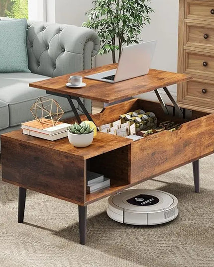 Coffee Table, Lift Top Coffee Tables for Living Room, Small Modern Wooden Center Tables with Storage Shelf and Hidden Compartment - LeafyLoom
