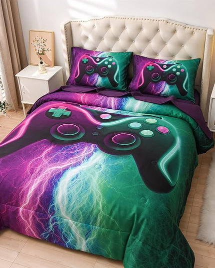 Meeting Story Gamer Gaming Bedding Sets Black Pink Lightnings Gamepad Comforter Set for Boys Games Console Action Buttons Novelty Colorful Modern Room Decor Home Quilt Set (Green-Purple, Twin 5Pcs) - LeafyLoom