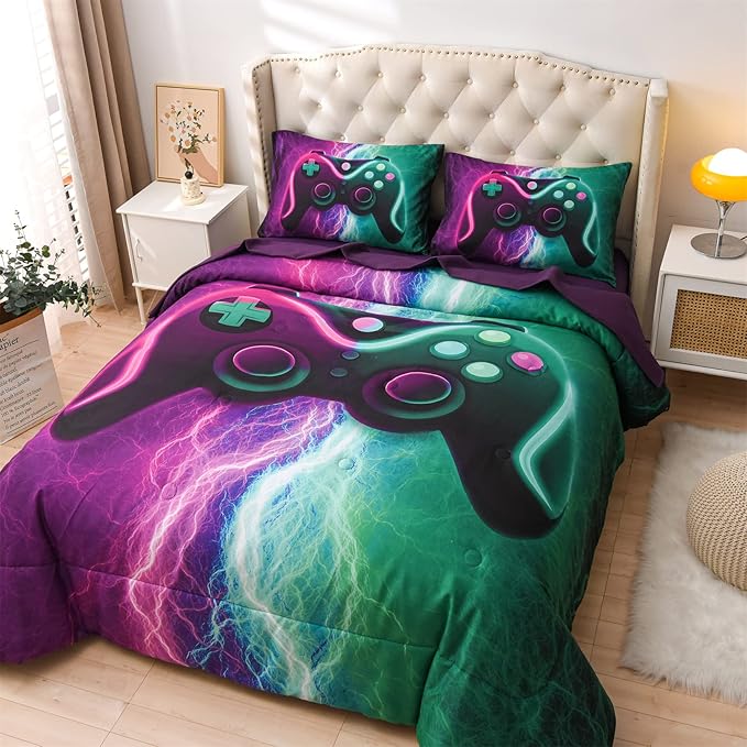 Meeting Story Gamer Gaming Bedding Sets Black Pink Lightnings Gamepad Comforter Set for Boys Games Console Action Buttons Novelty Colorful Modern Room Decor Home Quilt Set (Green-Purple, Twin 5Pcs) - LeafyLoom