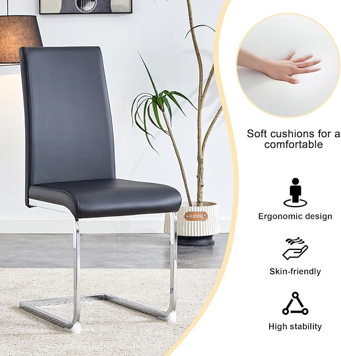 Modern Dining Chairs Set of 4, PU Faux Leather Backrest Cushioned Edge Chairs, Suitable for Dining, Kitchen, Dressing Table, Terrace, Black+PU - LeafyLoom
