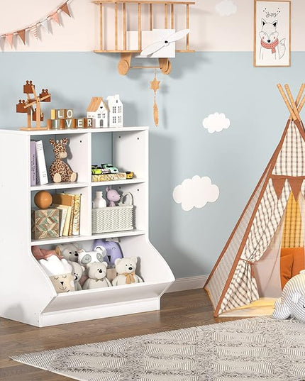Aheaplus Toy Storage Organizer with Bookcase, 5 Cubby Bookshelf Toy Storage Cabinet, Open Multi-Bins Toys&Books Storage Display Organizer for Playroom, Bedroom, Nursery, School, White - LeafyLoom