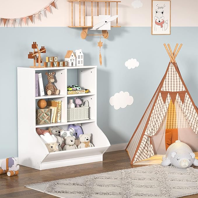 Aheaplus Toy Storage Organizer with Bookcase, 5 Cubby Bookshelf Toy Storage Cabinet, Open Multi-Bins Toys&Books Storage Display Organizer for Playroom, Bedroom, Nursery, School, White - LeafyLoom