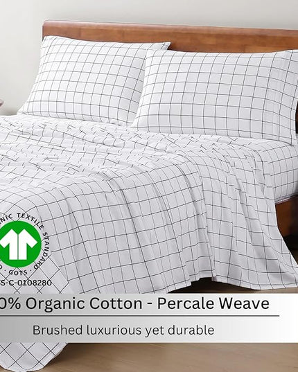 LANE LINEN 100% Organic Cotton Sheets Queen, 4-Piece Bed Sheets Queen Size Cotton, Luxury Sheets, Percale Weave,Breathable Bed Sheets Queen Size Deep Pockets Fits Upto 15" - Windowpane - LeafyLoom