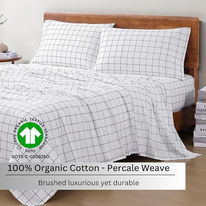 LANE LINEN 100% Organic Cotton Sheets Queen, 4-Piece Bed Sheets Queen Size Cotton, Luxury Sheets, Percale Weave,Breathable Bed Sheets Queen Size Deep Pockets Fits Upto 15" - Windowpane - LeafyLoom