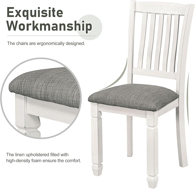 RITSU 7-Piece Dining Set Wood Rectangular Table and 6 Upholstered Chairs with Shaped Legs for Living Furniture, Guest Room, Home Bar, and Kitchen, Gray+White, Natural Cherry - LeafyLoom