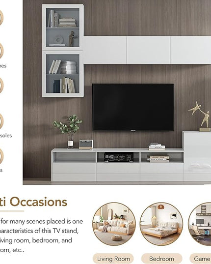 Merax High Gloss TV Stand with Wall Mounted Floating Storage Cabinets, Media Console for Television Up to 75" Versatile Entertainment Center, for Living Room, 93 inch Length, White - LeafyLoom