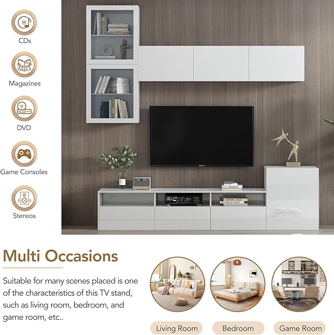 Merax High Gloss TV Stand with Wall Mounted Floating Storage Cabinets, Media Console for Television Up to 75" Versatile Entertainment Center, for Living Room, 93 inch Length, White - LeafyLoom