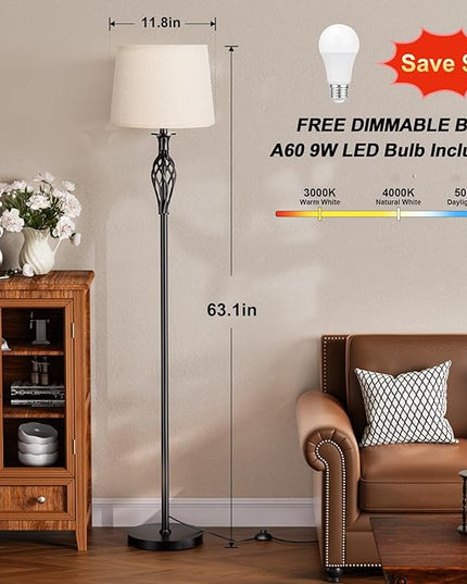 Vintage Floor Lamp with Linen Shade - 3 Color Temperature, Black, LED Bulbs, Foot Pedal Switch, Easy Assembly - LeafyLoom