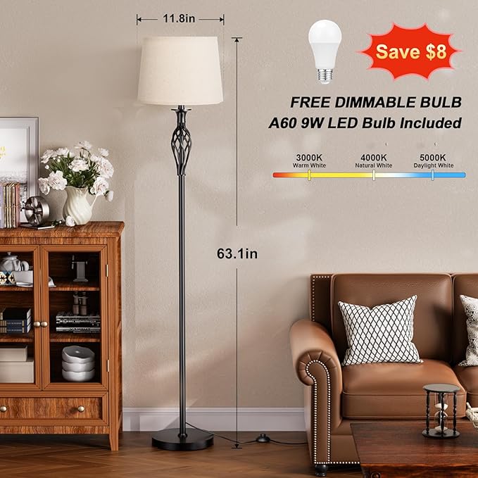 Vintage Floor Lamp with Linen Shade - 3 Color Temperature, Black, LED Bulbs, Foot Pedal Switch, Easy Assembly - LeafyLoom
