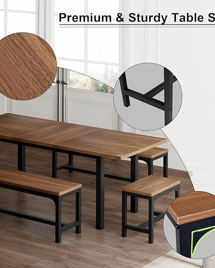 Feonase 5-Piece Dining Table Set for 4-8 People, 63" Extendable Kitchen Table Set with 2 Benches and 2 Square Stools, Dining Room Table with Heavy-Duty Frame, Easy Assembly, Walnut - LeafyLoom