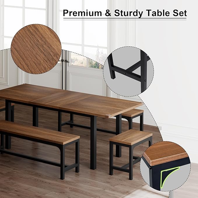 Feonase 5-Piece Dining Table Set for 4-8 People, 63" Extendable Kitchen Table Set with 2 Benches and 2 Square Stools, Dining Room Table with Heavy-Duty Frame, Easy Assembly, Walnut - LeafyLoom