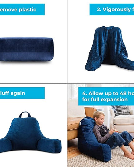 LINENSPA Reading Pillow with Shredded Memory Foam- Back Pillow for Sitting in Bed, Reading, Gaming, Watching TV – Bed Chair Pillow with Arms, Dorm Room Essentials, Navy, X-Large - LeafyLoom
