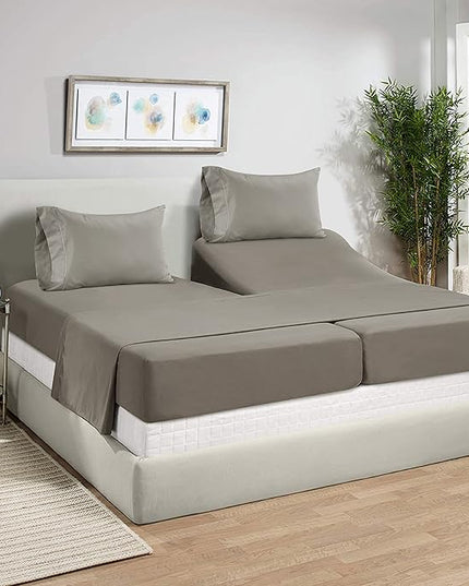 LANE LINEN Split King Sheets for Adjustable Beds - 1000 Thread Count 5 Piece Set 100% Egyptian Cotton Sateen Weave Cool Breathable & Soft 2 Fitted Fits Upto 17" Deep Pockets Silver - LeafyLoom