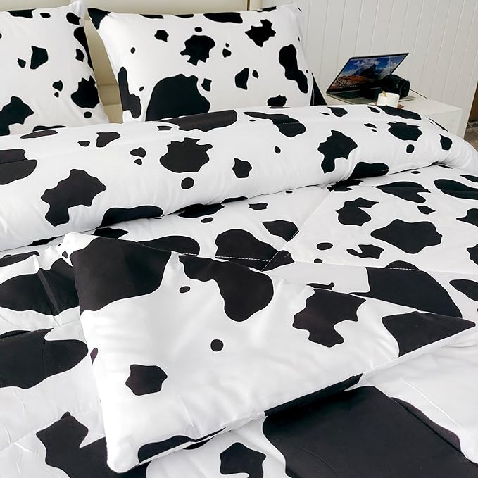 SDY 3 Pieces Milk Cow Print Stuff Bedding Comforter Set with 2 Pillowcases for Kids Teens Girls Women, Microfiber, Easy Wash, Light Breathable Cozy White Base Cute Milk Cow Pattern, Twin Size - LeafyLoom