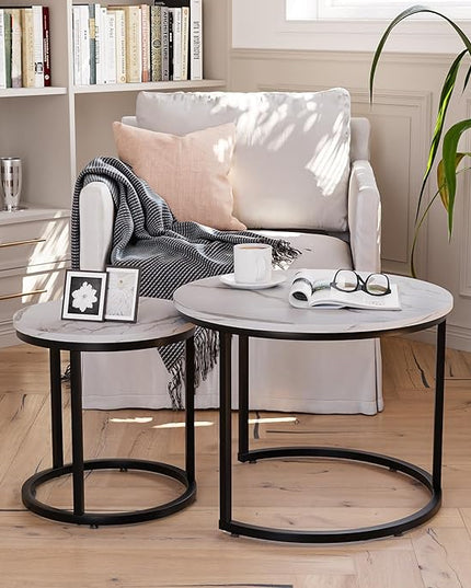 White Nesting Coffee Table Set of 2, 23.6" Round Coffee Table Wood Grain Top with Adjustable Non-Slip Feet, Industrial End Table Side Tables for Living Room Bedroom Balcony Yard - LeafyLoom