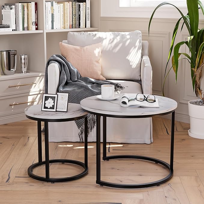 White Nesting Coffee Table Set of 2, 23.6" Round Coffee Table Wood Grain Top with Adjustable Non-Slip Feet, Industrial End Table Side Tables for Living Room Bedroom Balcony Yard - LeafyLoom