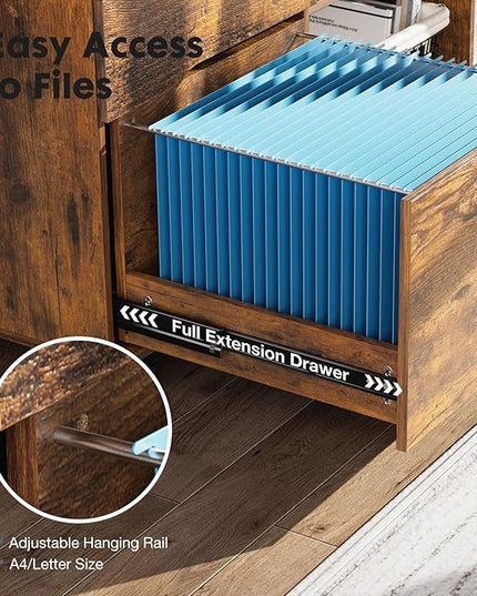 DUMOS Lateral File Cabinet with 3 Drawers Rolling Wooden Printer Stand Under Desk Storage Organizer with 4 Wheels Adjustable Shelf for Office Home, Rustic Brown - LeafyLoom