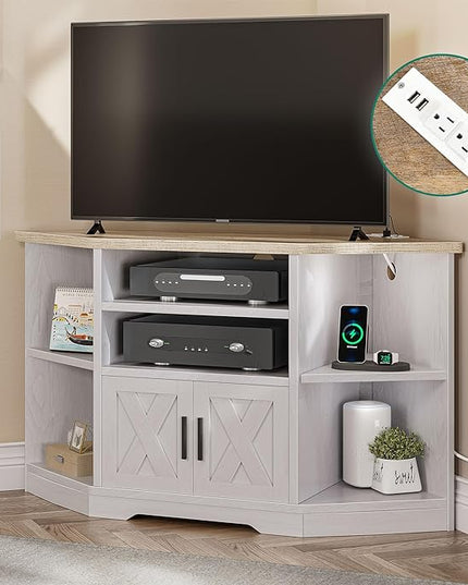 YITAHOME Corner TV Stand for TV Up to 55 Inch with Power Outlet, Farmhouse TV Console w/Adjustable Storage Shelf, Entertainment Center for Living Room,Bedroom, Grey White & Grey Wash, 47 inches - LeafyLoom