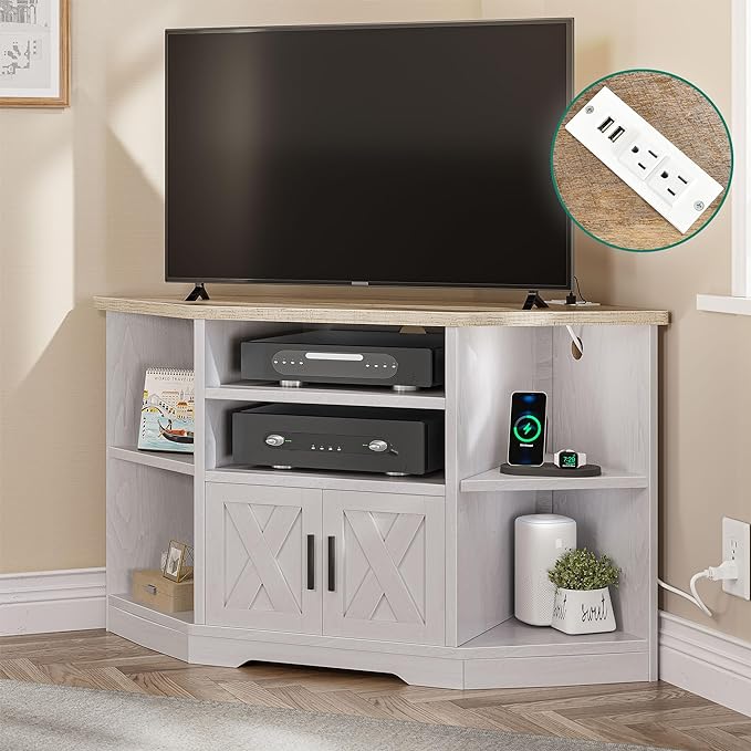 YITAHOME Corner TV Stand for TV Up to 55 Inch with Power Outlet, Farmhouse TV Console w/Adjustable Storage Shelf, Entertainment Center for Living Room,Bedroom, Grey White & Grey Wash, 47 inches - LeafyLoom