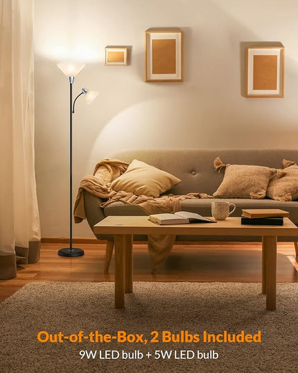 LEPOWER Floor Lamp, Standing Lamp with Replaceable 3000K Energy-Saving LED Bulbs,9W Lamp for Living Room with 5W Adjustable Reading Light, Modern Bright Floor Lamp for Bedroom, Living Room, Office - LeafyLoom