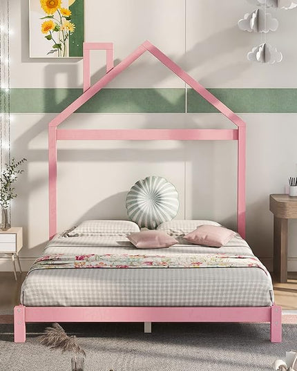 Jintop Full Size Wood Platform Chimney and House-Shaped Headboard,Bedroom Furniture Bed Frame W/ 10 Slat Support,Easy to Install,for Teens Kids Girls Boys,Pink - LeafyLoom